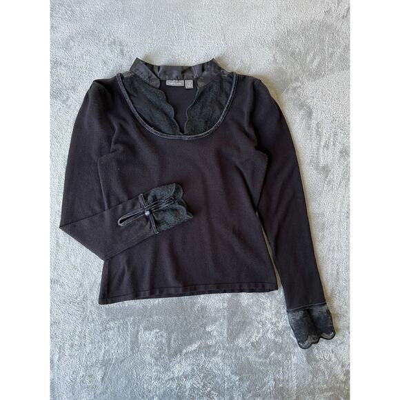 Vintage Tops - Vintage Y2K Black Lace Trim Top PM Medium Apt 9 Whimsigoth Stretchy Long Sleeved